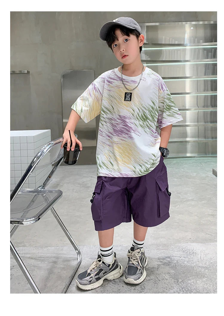 Summer  Boys Shorts Short Sleeve Shorts Handsome High Quality Leisure Sports Simple Two-piece Set.4-16year