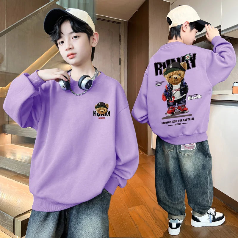 Boys Cartoon Bear Sweatshirts Loose Sports Round Neck Tops New Spring Autumn Clothing Toddler Trendy Printed Long-sleeved Hoodie