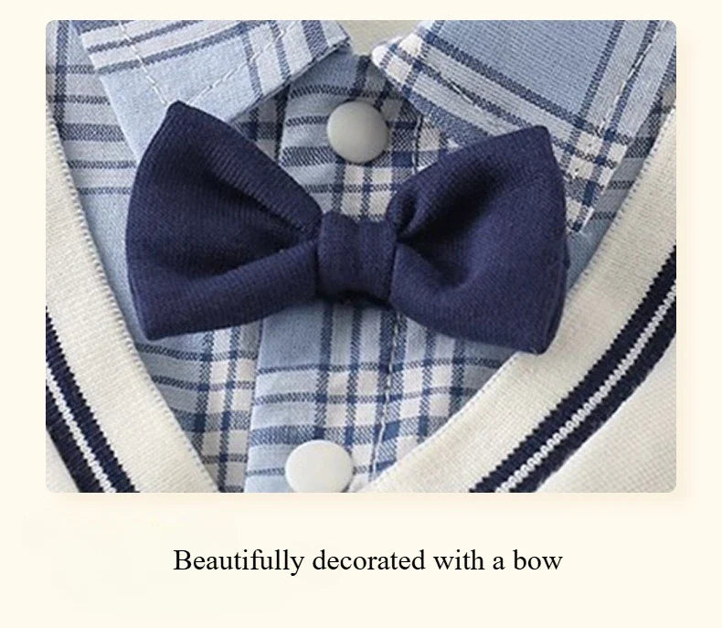 Boys Summer Short-sleeved  Jumpsuit Clothes Baby Fake Two-piece College Style Onesie  Babe Cute Dog Label Romper Fashion Outwear