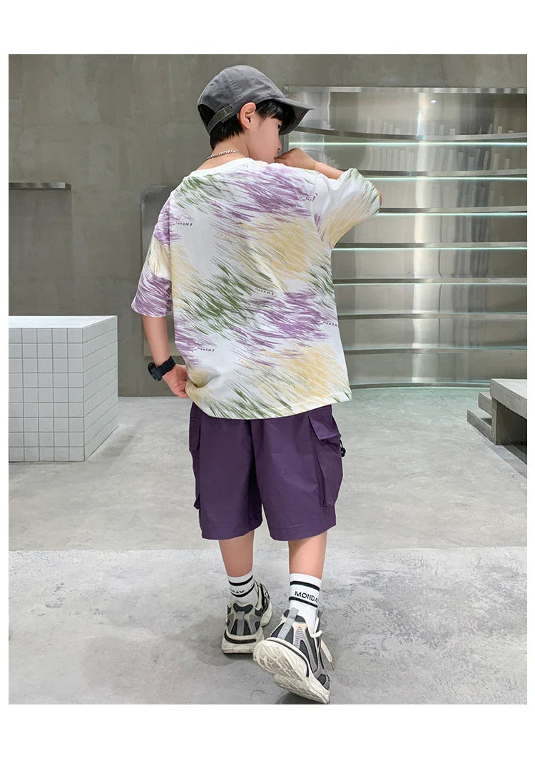 Summer  Boys Shorts Short Sleeve Shorts Handsome High Quality Leisure Sports Simple Two-piece Set.4-16year