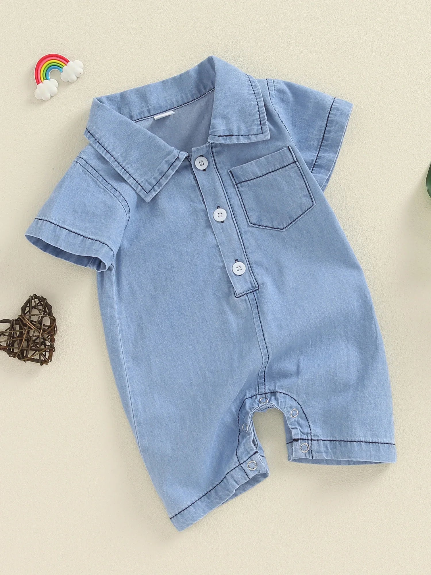 Baby Boys Summer Denim Romper Short Sleeve Lapel Button Down Jumpsuit with One Pocket