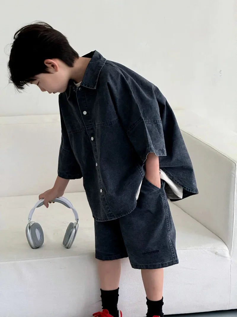 Boys' Summer Shirt Set 2025 New SummerSmall and Medium sized Children Boys' Summer Short sleeved Shirt Top