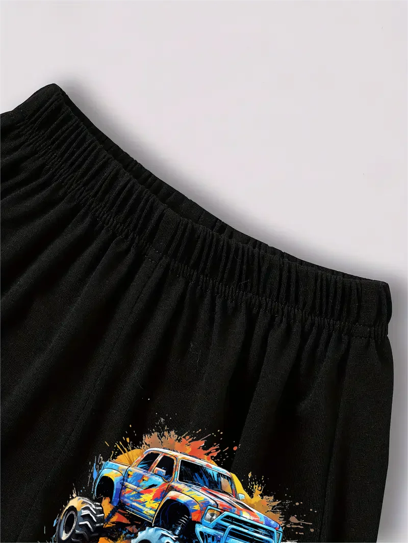 2 Piece Car Print Short Sleeve Suit, Suitable For Boys Summer Wear