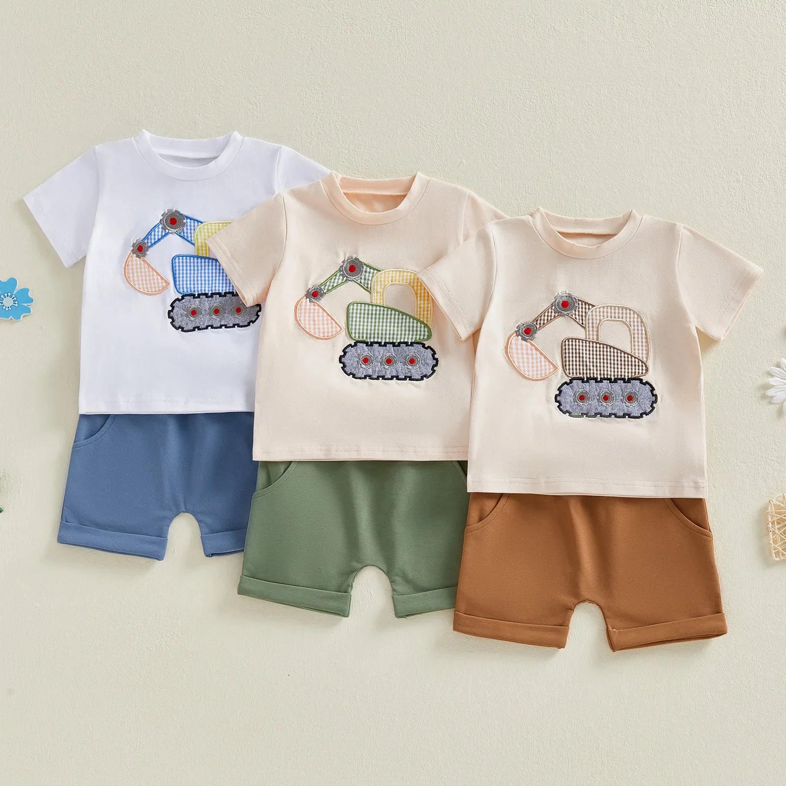 Summer Kids Boys Shorts Sets Short Sleeve Excavator Embroidery Tops Solid Color Shorts Clothes