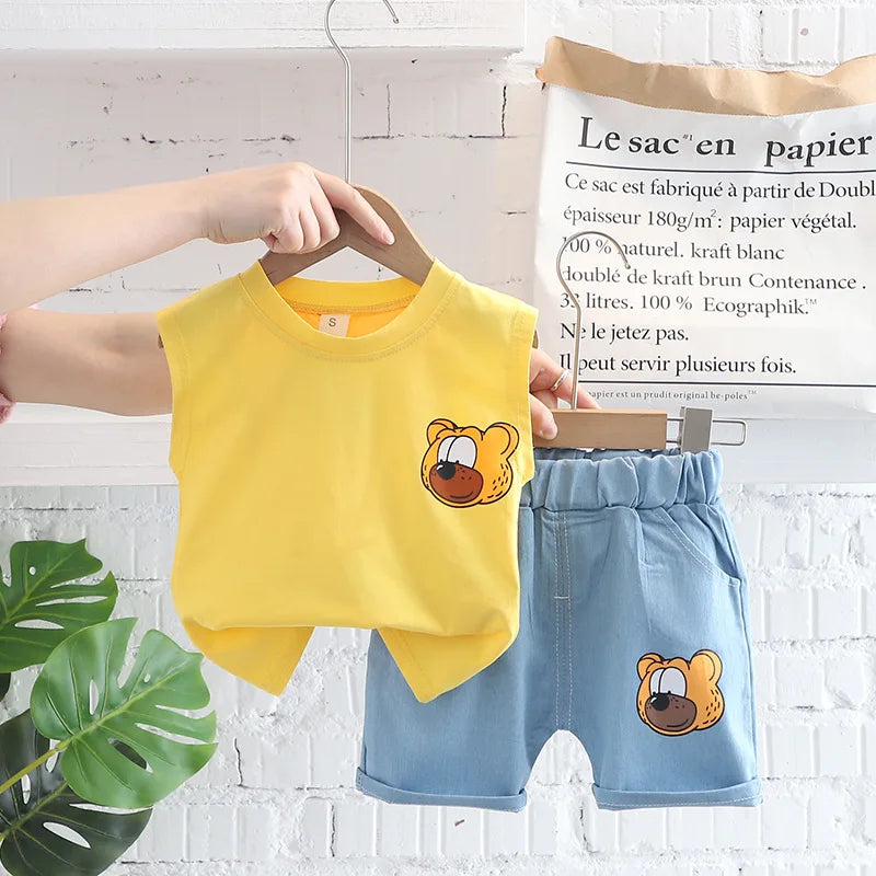 Boys Summer Children Vest Set New Boys Clothes Baby Cartoon Bear Sleeveless T-shirts Shorts 2pcs Casual Sport Sets