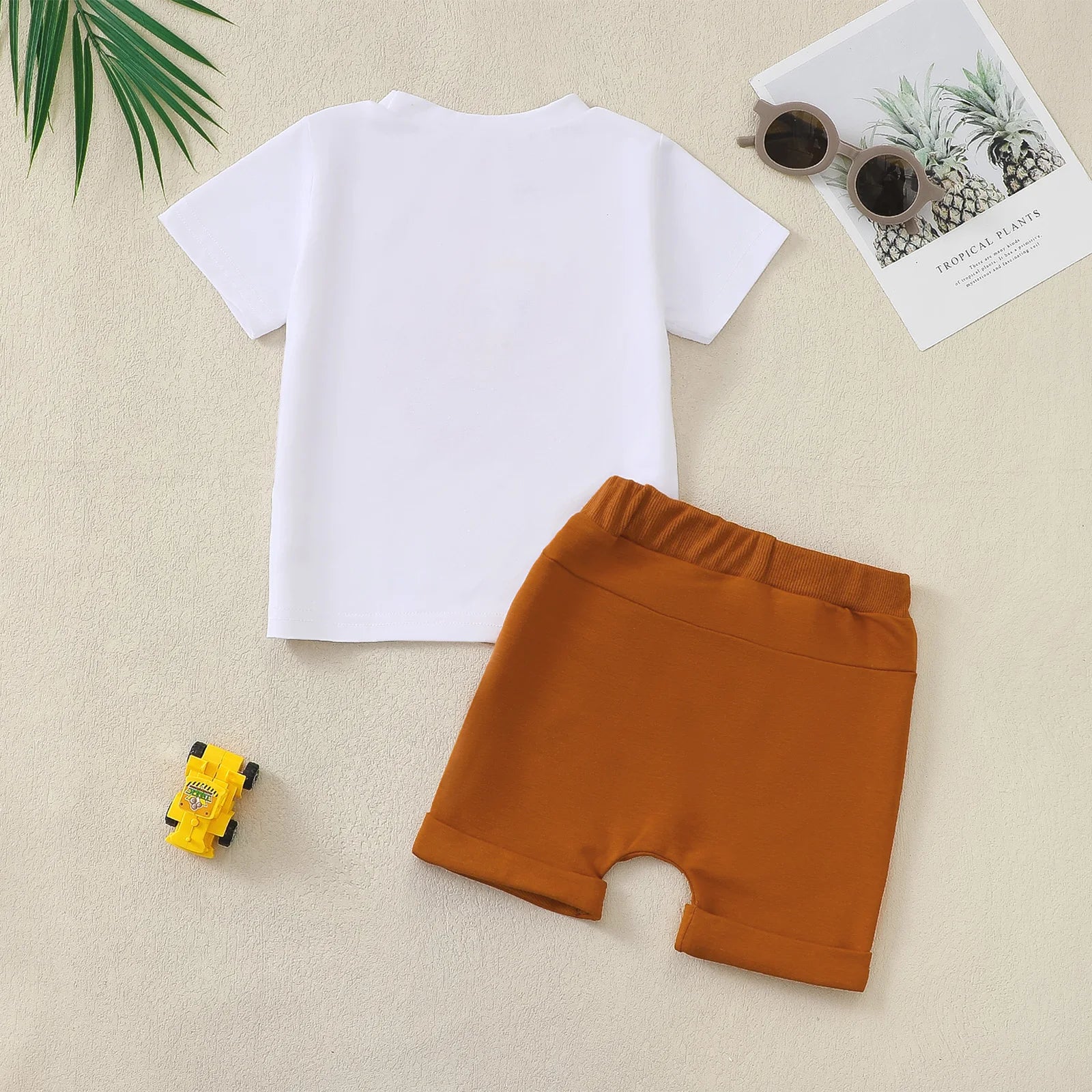 Baby Boys Summer Short Sleeve Outfit with Small Excavator Pattern Infant Toddler Clothing Set