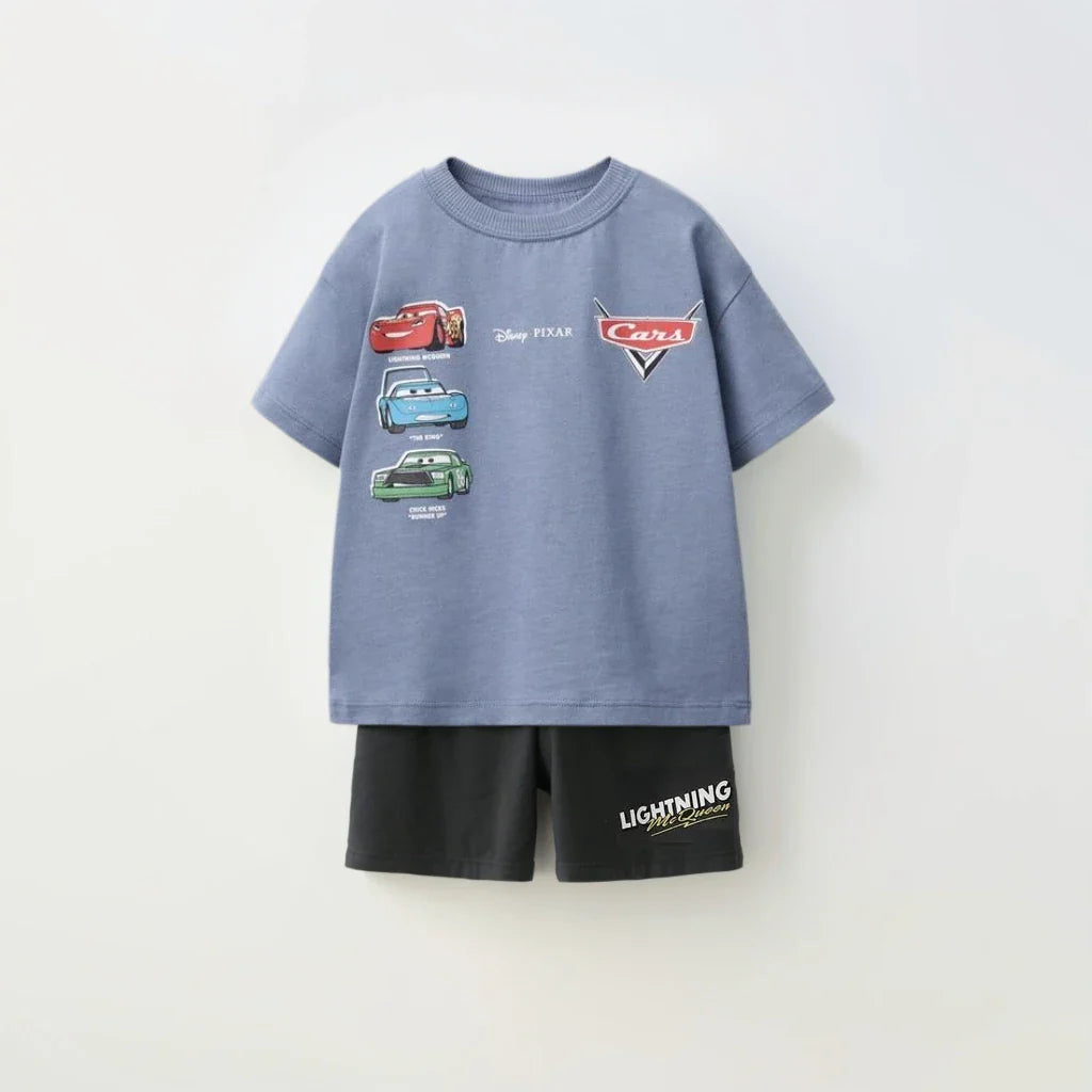 Summer Clothes Children Cartoon Car Print T-shirt+shorts Boys Child Round Neck Tees Loose Simple Shorts Trendy Costume Suit
