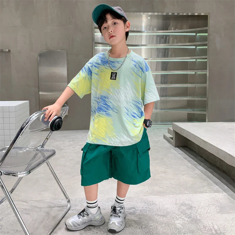 Summer  Boys Shorts Short Sleeve Shorts Handsome High Quality Leisure Sports Simple Two-piece Set.4-16year