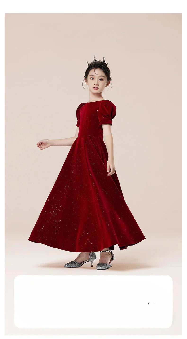 Kids Party Dress Clothing For Birthday Princess  Wine Red Piano Wedding Flower Girl 5-17 Years Old  Host Children's Formal Dress