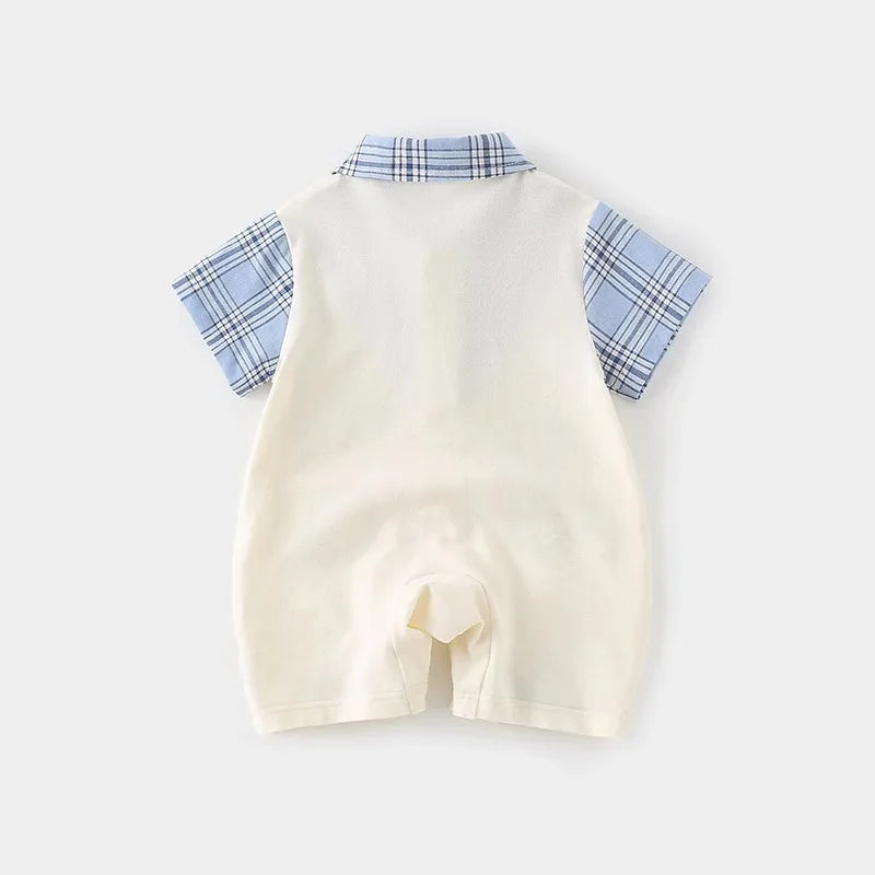 Boys Summer Short-sleeved  Jumpsuit Clothes Baby Fake Two-piece College Style Onesie  Babe Cute Dog Label Romper Fashion Outwear