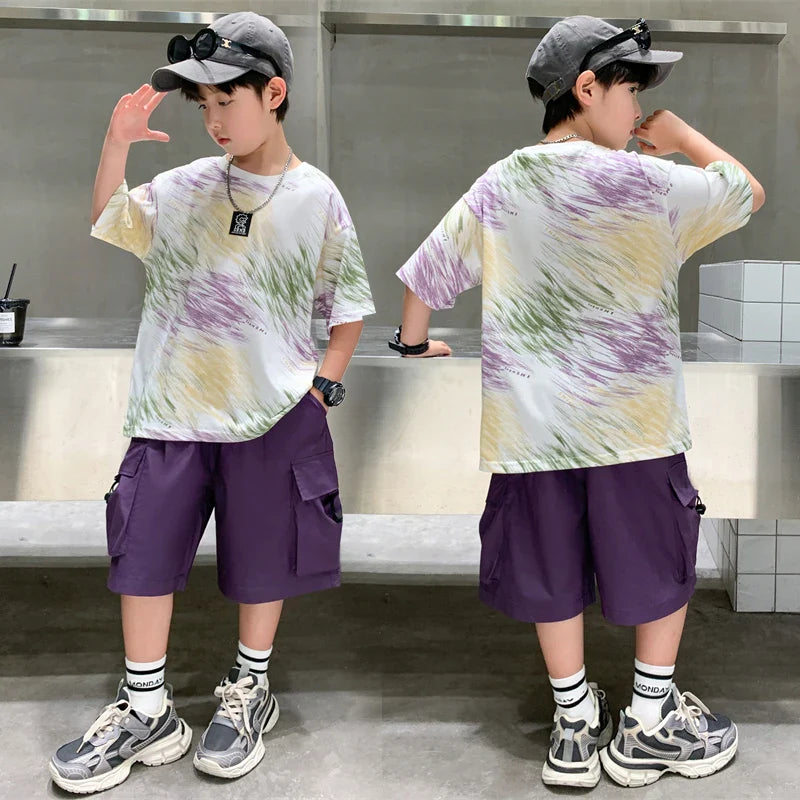 Summer  Boys Shorts Short Sleeve Shorts Handsome High Quality Leisure Sports Simple Two-piece Set.4-16year