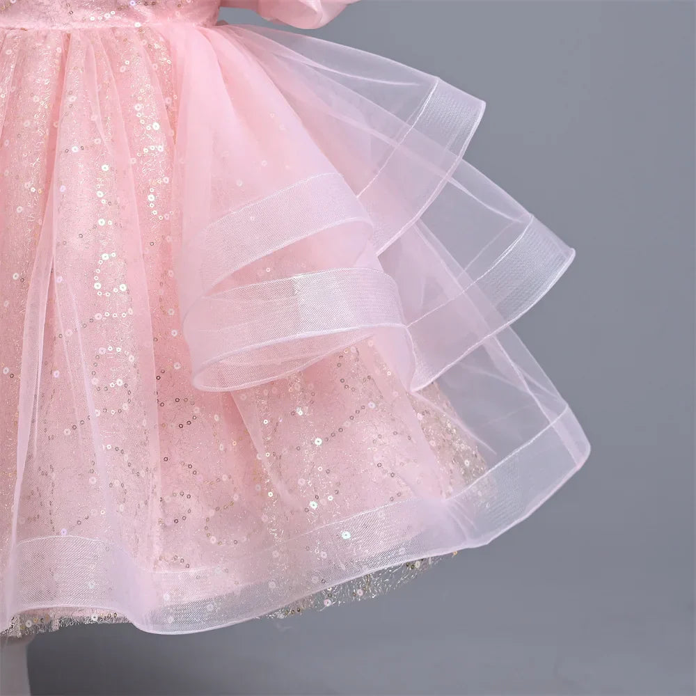 New Girl's Wedding Evening Dress Petal Sequin Mesh Sleeveless Dress Birthday Party School Graduation Party Dress