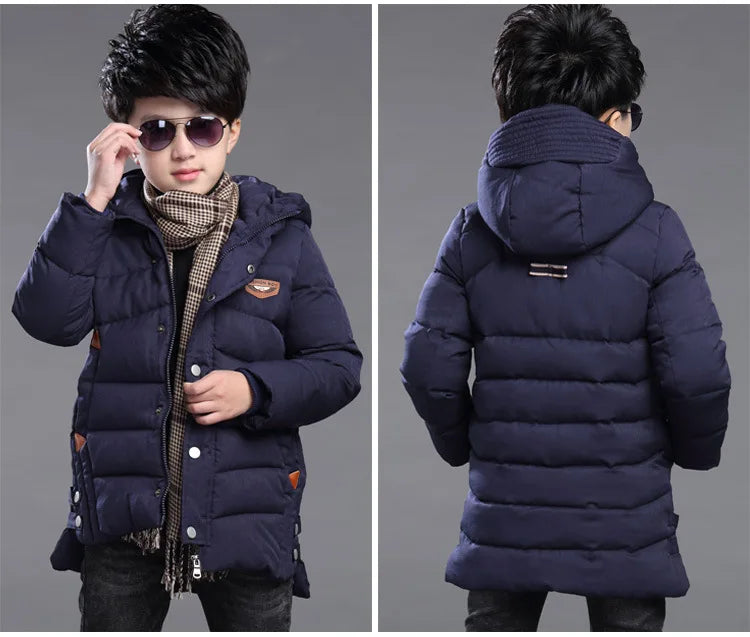 5-14 Years Big Boys Jacket Winter Thicken Warm Teenager Kids Jacket Fashion Long Style Zipper Hooded Children Outerwear Clothing
