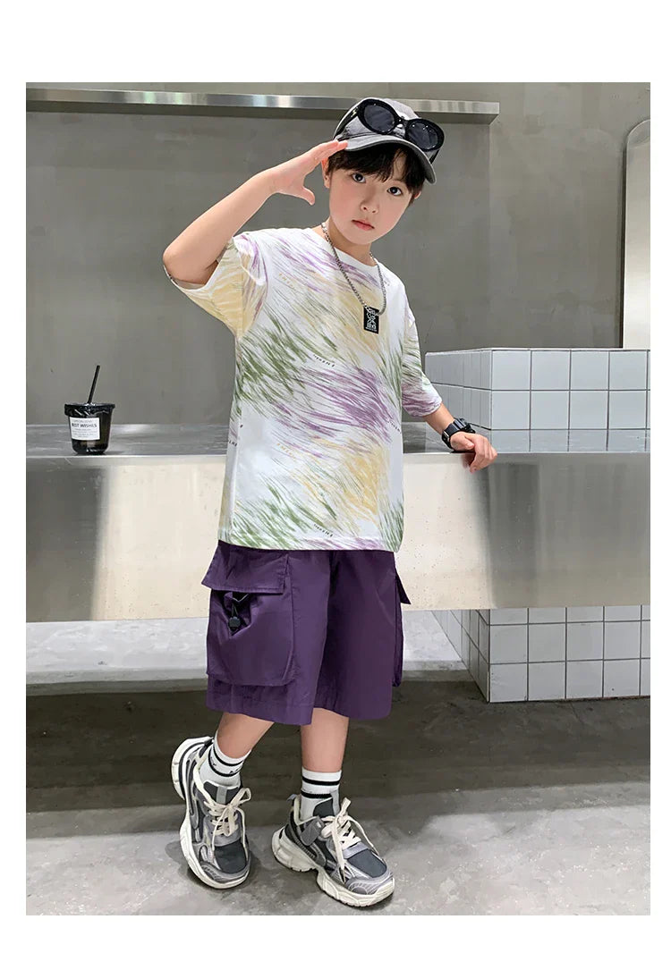Summer  Boys Shorts Short Sleeve Shorts Handsome High Quality Leisure Sports Simple Two-piece Set.4-16year