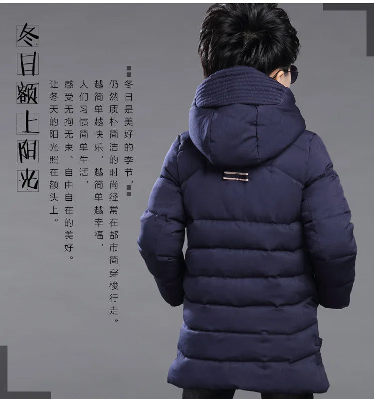 5-14 Years Big Boys Jacket Winter Thicken Warm Teenager Kids Jacket Fashion Long Style Zipper Hooded Children Outerwear Clothing