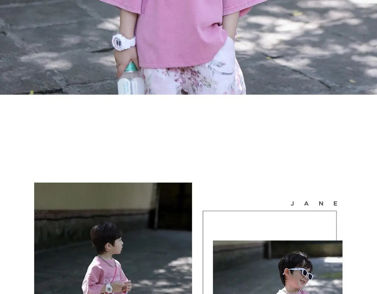 Boys Set Summer Outfit 2025 New Cute Pink T-shirt+ Floral Long Pants Children's Short Sleeved Handsome Pants Two-piece Set