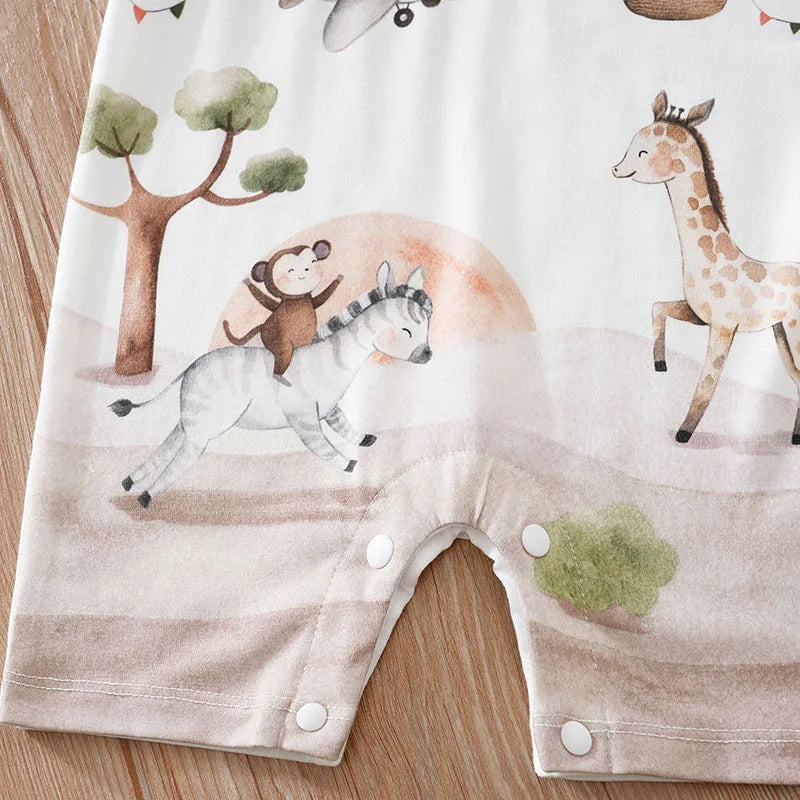 Summer Boys And Girls Cute Cartoon Animal Print Comfortable Casual Short Sleeve Baby Bodysuit