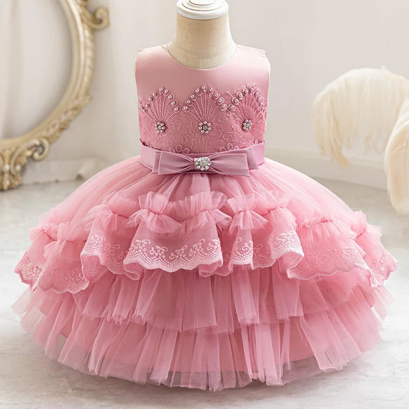 Party Dresses For Girl Formal Prom Wedding Dress Beaded Embroidery Mesh Princess Dress For Infant Baby 1st Birthday Baptism Gown
