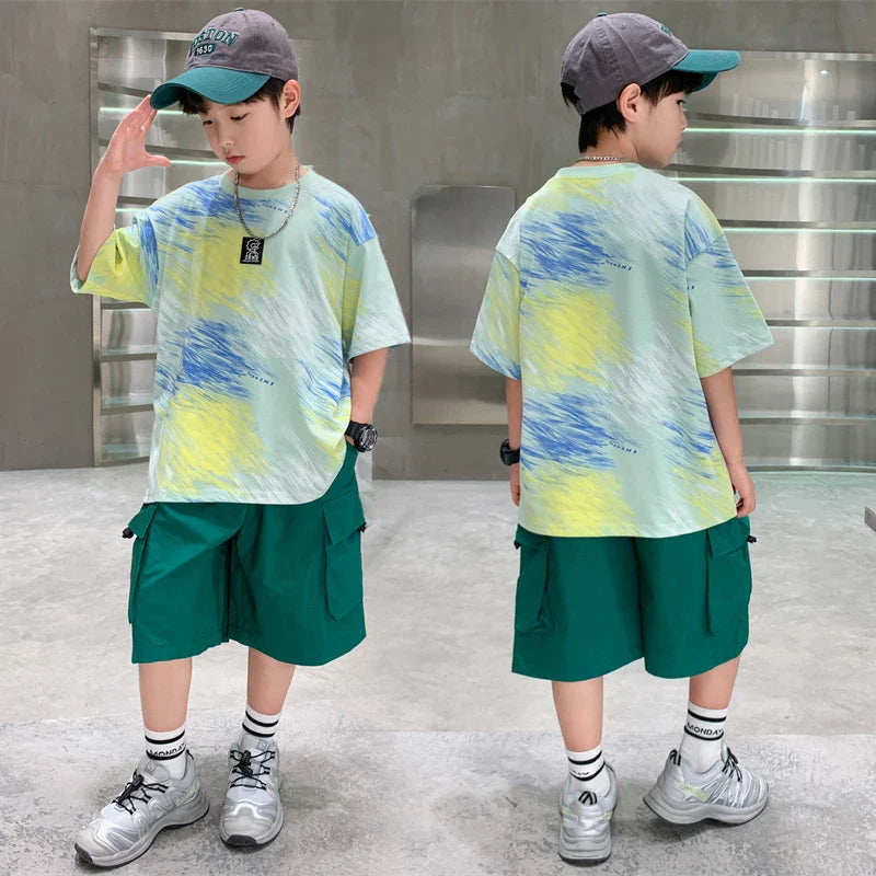 Summer  Boys Shorts Short Sleeve Shorts Handsome High Quality Leisure Sports Simple Two-piece Set.4-16year