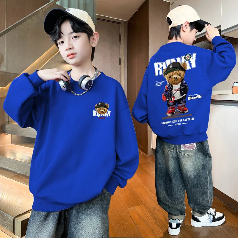 Boys Cartoon Bear Sweatshirts Loose Sports Round Neck Tops New Spring Autumn Clothing Toddler Trendy Printed Long-sleeved Hoodie