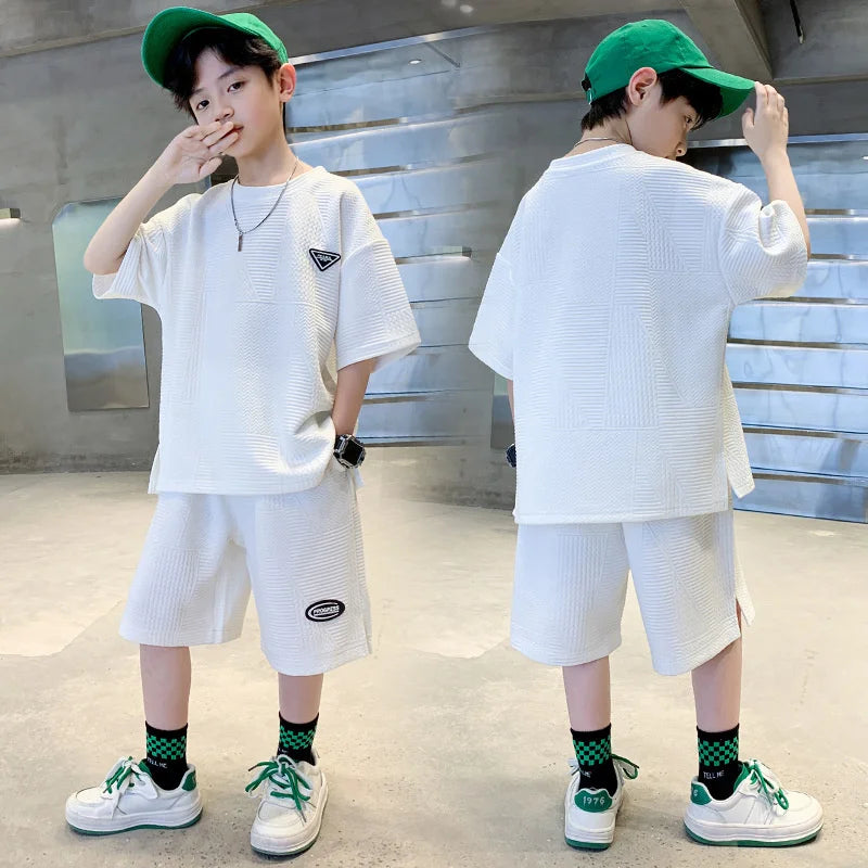 Fashion Boys Summer Sets 2024 New Teenager Casual Outfits Children Trends Clothes Suits Kids Short Sleeves Tops+Baggy Pants 2Pcs