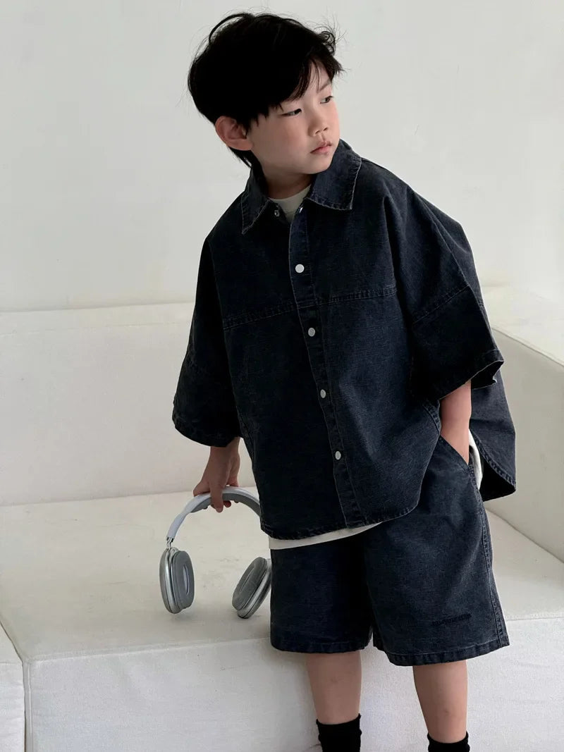 Boys' Summer Shirt Set 2025 New SummerSmall and Medium sized Children Boys' Summer Short sleeved Shirt Top