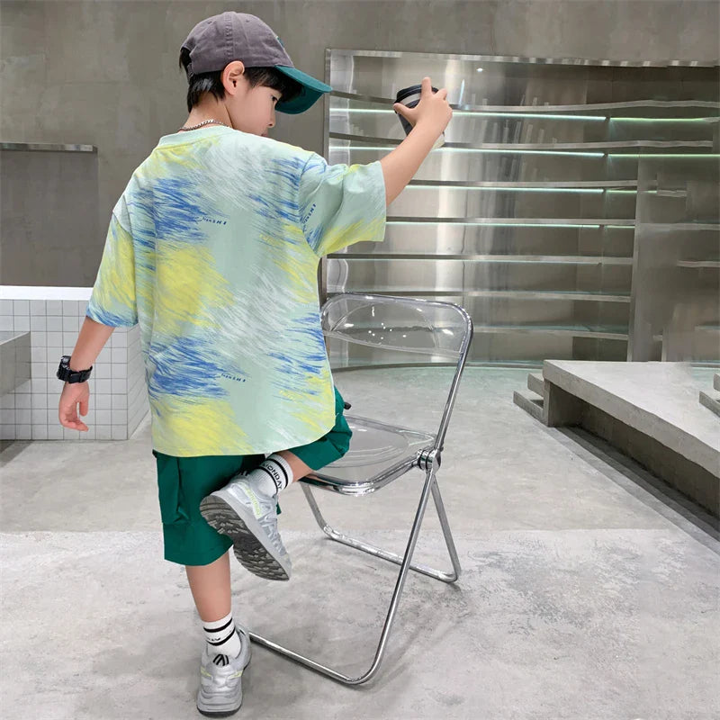 Summer  Boys Shorts Short Sleeve Shorts Handsome High Quality Leisure Sports Simple Two-piece Set.4-16year