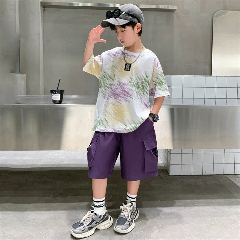 Summer  Boys Shorts Short Sleeve Shorts Handsome High Quality Leisure Sports Simple Two-piece Set.4-16year