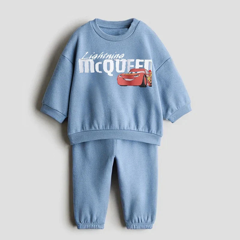Boys Child Long-sleeved Tracksuits Cartoon Car Print Hoodies+Sweatpants Autumn Clothing Crewneck Tops Loose Pants Kids 2pcs