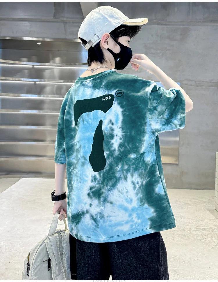 Summer Boys T Shirts Fashion Print Short Sleeve Tee Tops for Kids Cotton Tshirt Tie-Dye Casual Streetwear Teenager Outerwear