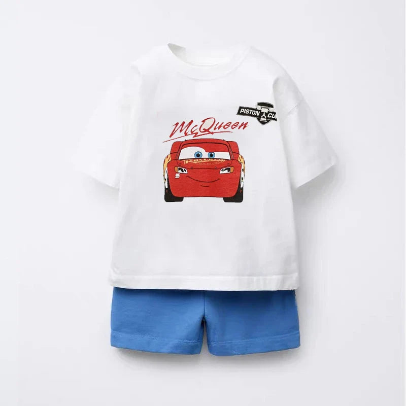 Summer Clothes Children Cartoon Car Print T-shirt+shorts Boys Child Round Neck Tees Loose Simple Shorts Trendy Costume Suit