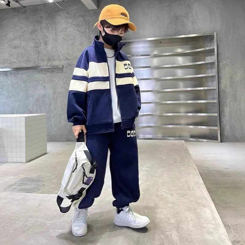 Fashion Boys Clothing Set Spring Autumn Patchwork Zipper Coat Pants 2Pcs For 4-12 Years Kids Tracksuits Teenager Casual Outfits