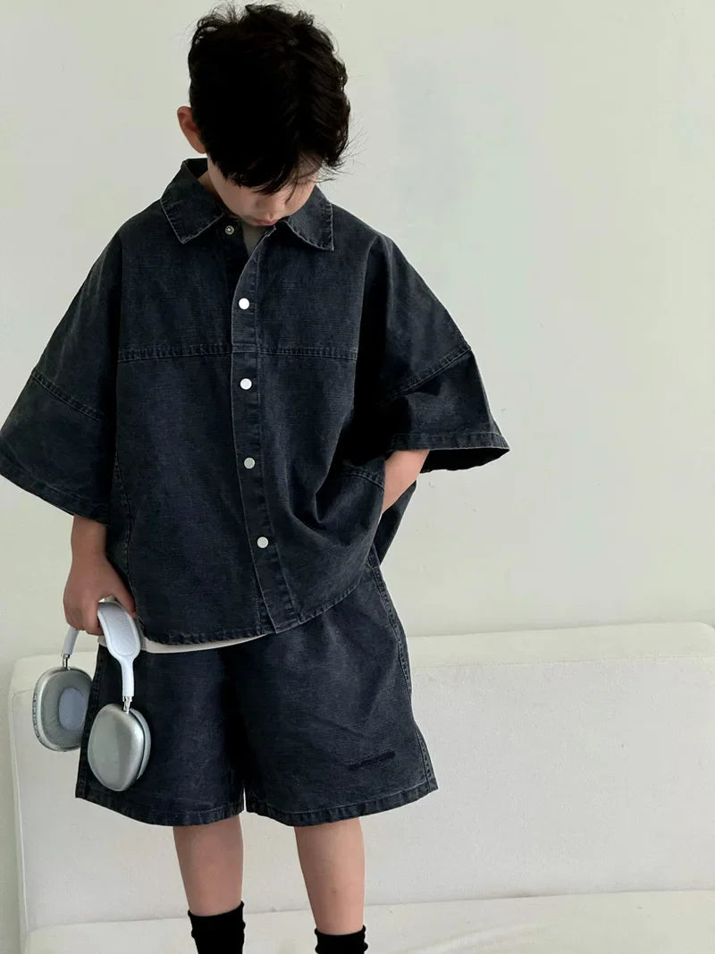 Boys' Summer Shirt Set 2025 New SummerSmall and Medium sized Children Boys' Summer Short sleeved Shirt Top
