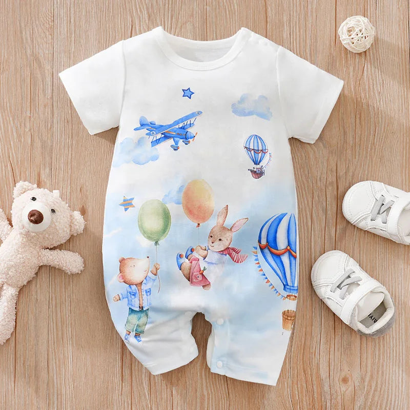 Summer Boys And Girls Cute Cartoon Animal Print Comfortable Casual Short Sleeve Baby Bodysuit