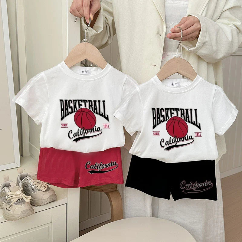 Summer Boys Clothes Printed Basketball Kids Casual Tracksuit 2piece Set T-shirt + Shorts Loose Fashion Children's Wear Suit