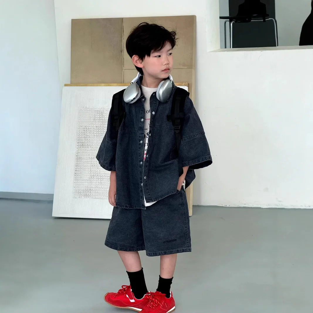 Boys' Summer Shirt Set 2025 New SummerSmall and Medium sized Children Boys' Summer Short sleeved Shirt Top