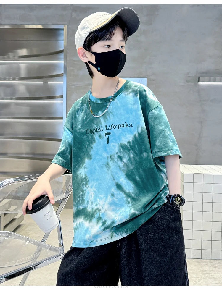 Summer Boys T Shirts Fashion Print Short Sleeve Tee Tops for Kids Cotton Tshirt Tie-Dye Casual Streetwear Teenager Outerwear