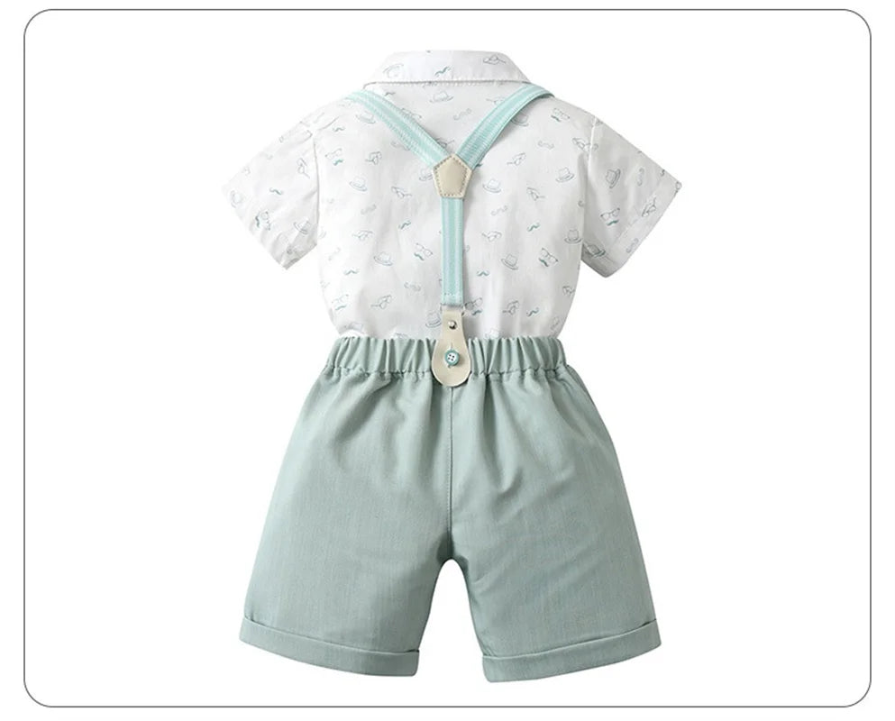 1-6Y Summer  Baby Boys Formal Costume Short Sleeve Bow Tie T-Shirt+Suspender Shorts Wedding Parties Festivals Gentleman Clothing