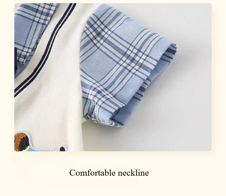 Boys Summer Short-sleeved  Jumpsuit Clothes Baby Fake Two-piece College Style Onesie  Babe Cute Dog Label Romper Fashion Outwear