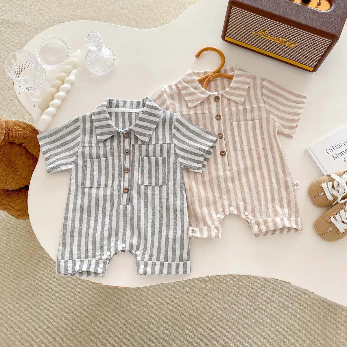 Baby Boys Rompers Striped Jumpsuits Turn Down Collar Toddler Boys Summer Clothing