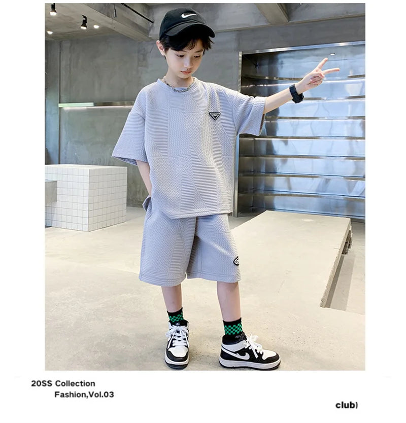 Fashion Boys Summer Sets 2024 New Teenager Casual Outfits Children Trends Clothes Suits Kids Short Sleeves Tops+Baggy Pants 2Pcs