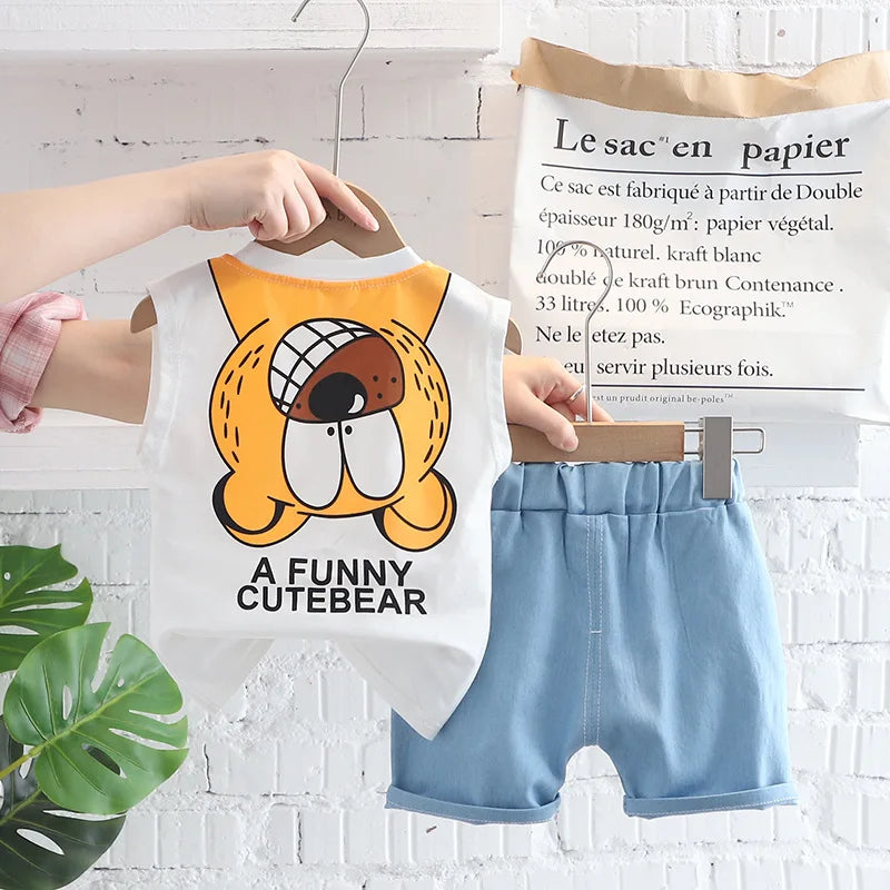 Boys Summer Children Vest Set New Boys Clothes Baby Cartoon Bear Sleeveless T-shirts Shorts 2pcs Casual Sport Sets