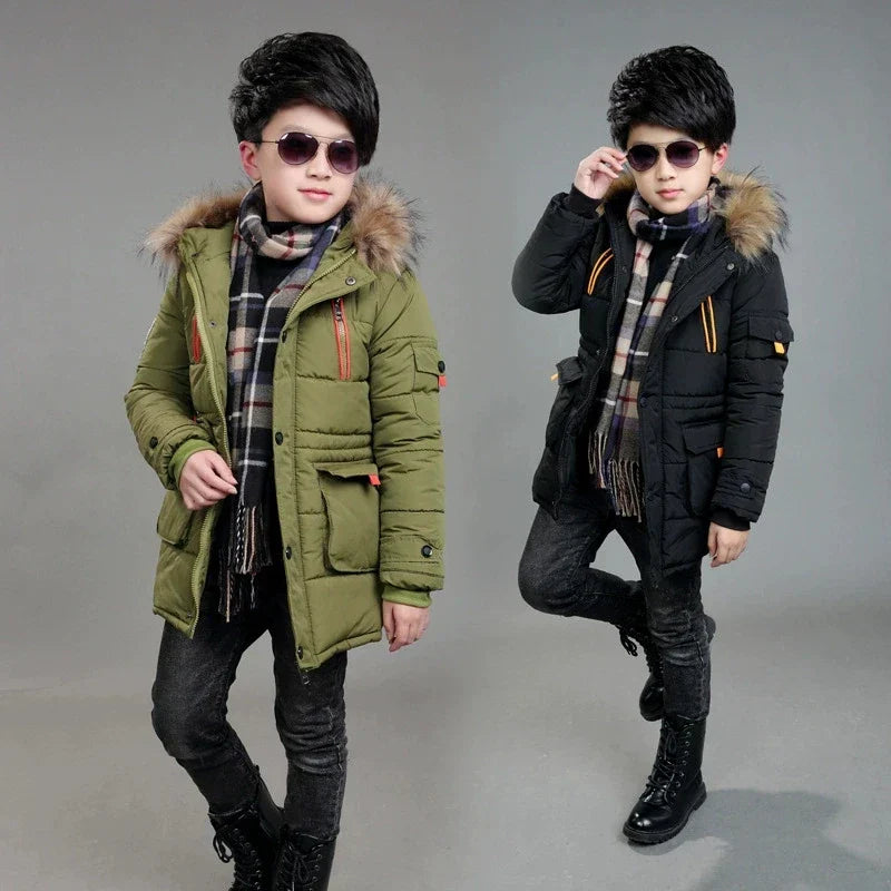 5-14 Years Big Boys Jacket Winter Thicken Warm Teenager Kids Jacket Fashion Long Style Zipper Hooded Children Outerwear Clothing