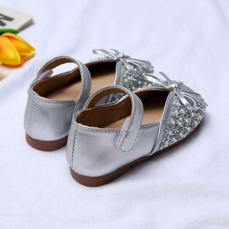 Spring Autumn New Soft Bottom Rhinestone Bow Leather Children Shoes Slip Girls Shoes for Kids Flats
