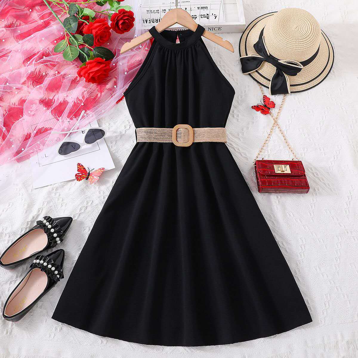 summer new girl's halter dress solid color cute long dress teenage big girls clothes with belt fashion kids clothes