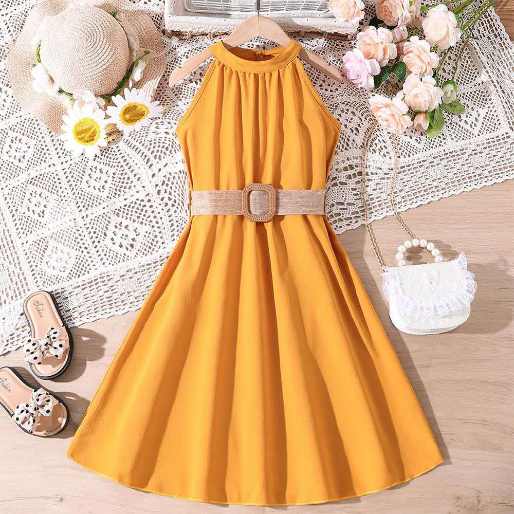 summer new girl's halter dress solid color cute long dress teenage big girls clothes with belt fashion kids clothes