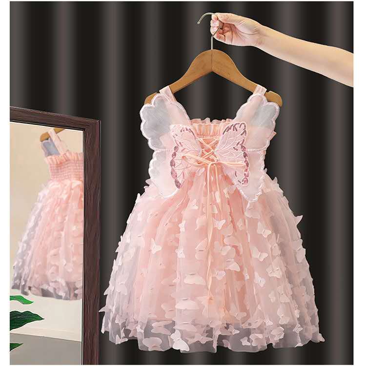 Fairy Girl Glitter Butterfly Wings Dress Summer New Kids Green Sling Princess Dresses Party Girls Costume