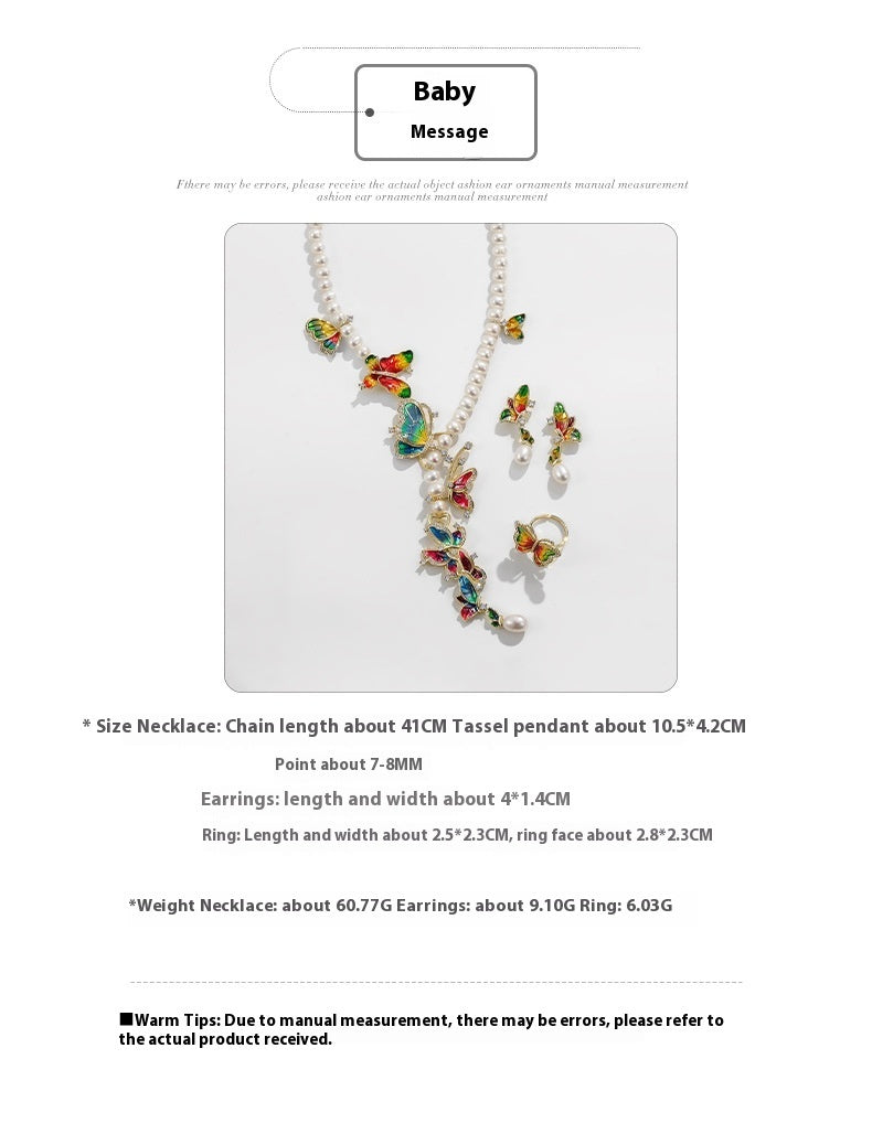 Fashion Butterfly Design Freshwater Pearl Necklace Ring Three-piece Earrings Set