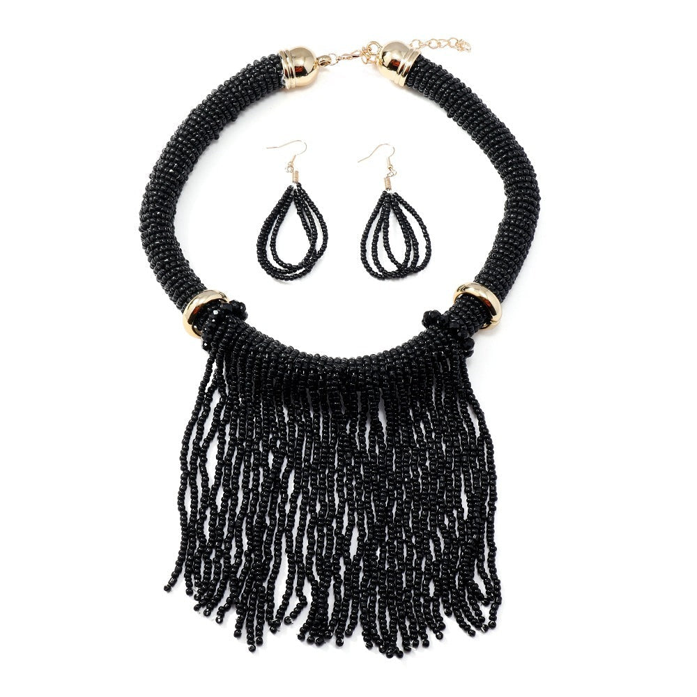 Ethnic Style Tassel Bead Necklace And Earrings Suite