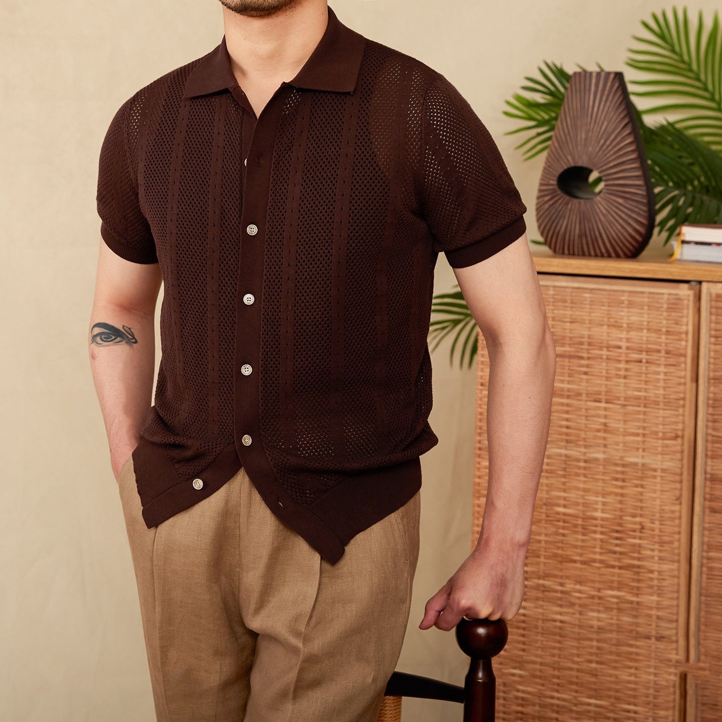 Short Sleeve Lapel Cardigan Breathable Stripes Knitted Casual Shirt Men